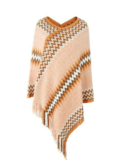 Fringe Hem Striped Cape Sleeve Poncho