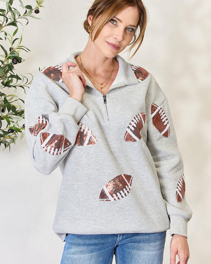 Double Take Full Size Sequin Football Half Zip Long Sleeve Sweatshirt