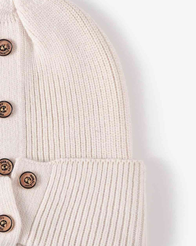 Button Detail Rib-Knit Cuff Beanie
