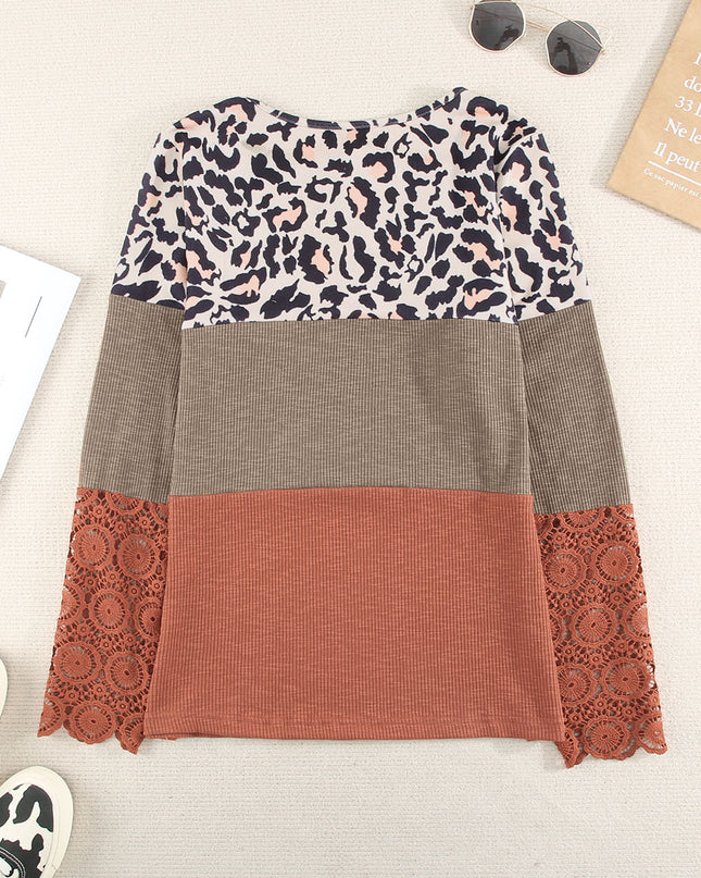 Leopard Print Lace-Up Spliced Lace Top