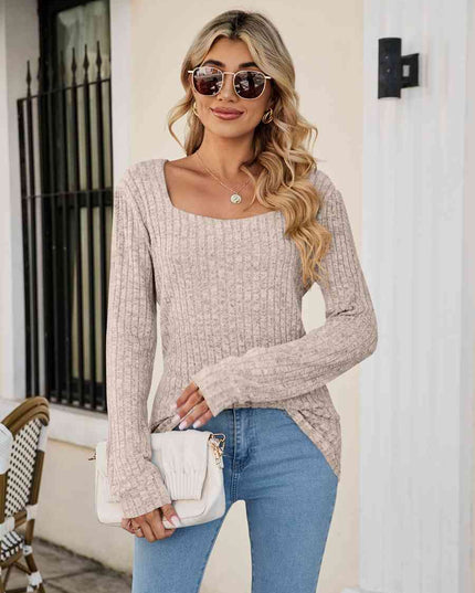 Square Neck Ribbed Long Sleeve T-Shirt