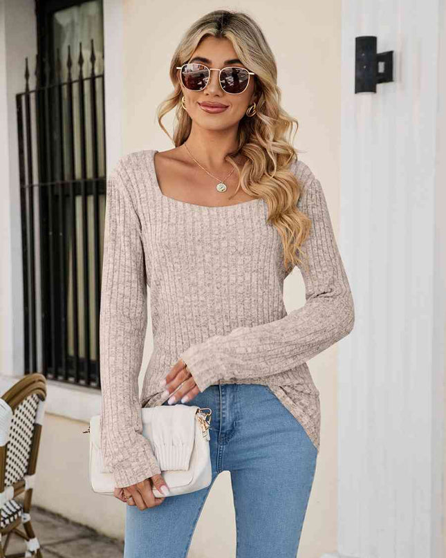 Square Neck Ribbed Long Sleeve T-Shirt