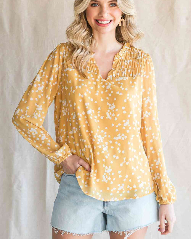 Double Take Printed Notched Neck Smocked Blouse