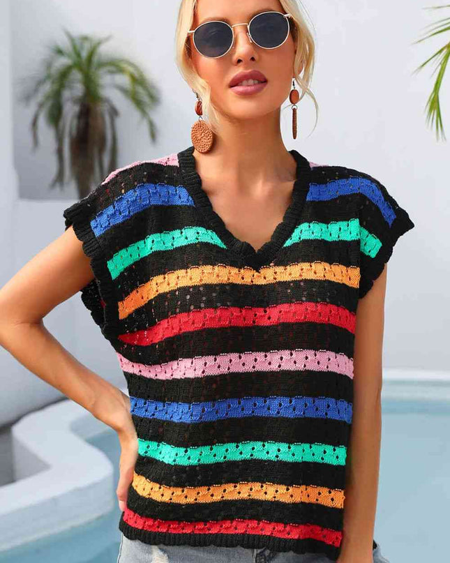 Striped V-Neck Slit Cover Up