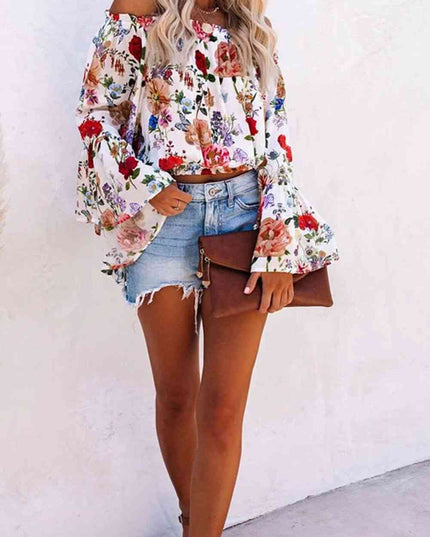 Printed Off Shoulder Flare Sleeve Blouse