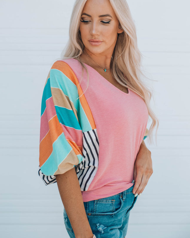 Striped Dolman Sleeve V-Neck Top