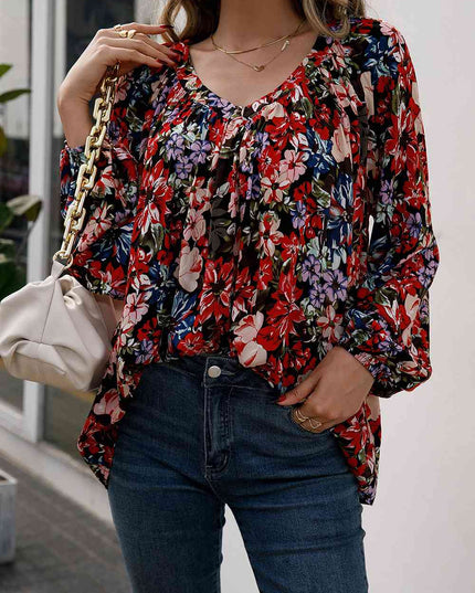 Floral Print Balloon Sleeve Ruched Blouse