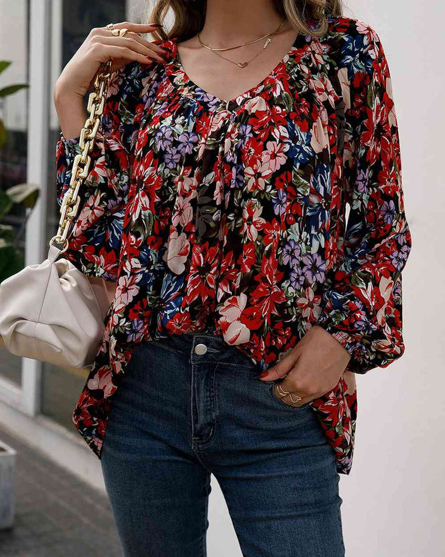 Floral Print Balloon Sleeve Ruched Blouse