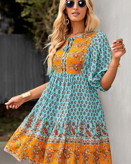 Bohemian Tie Neck Balloon Sleeve Dress
