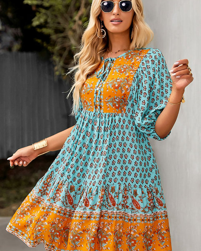 Bohemian Tie Neck Balloon Sleeve Dress