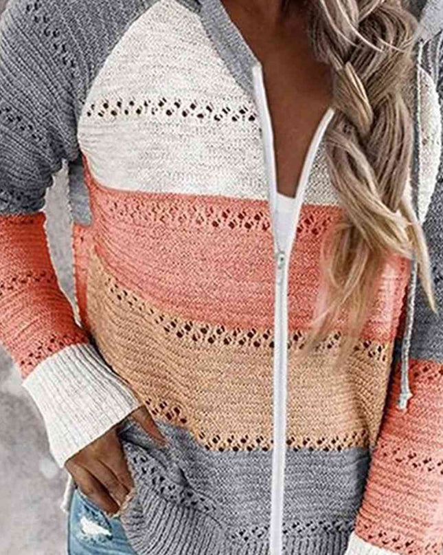 Color Block  Drawstring Hooded Sweater