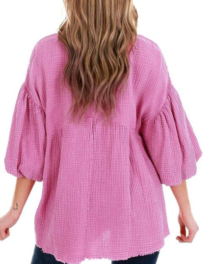 Lantern Sleeve Round Neck Blouse