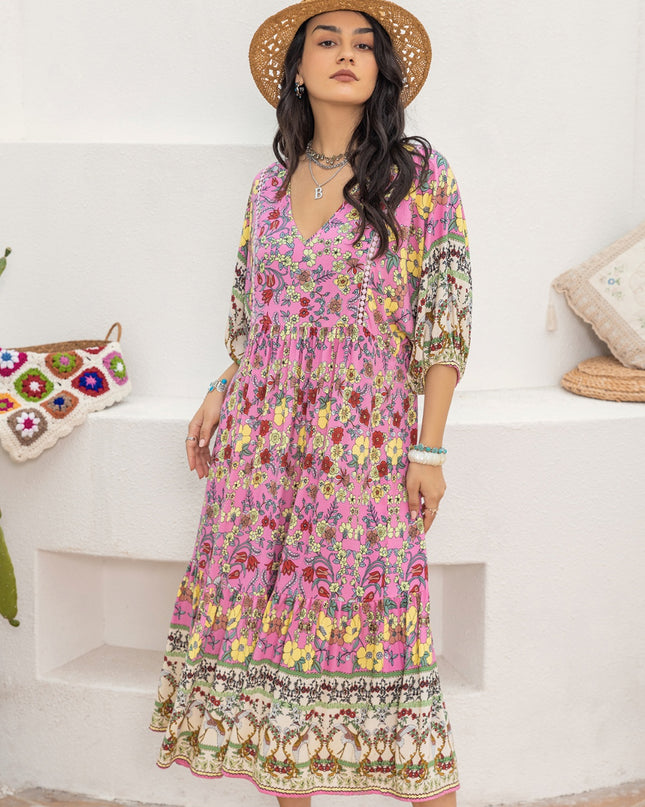 Printed V-Neck Balloon Sleeve Dress