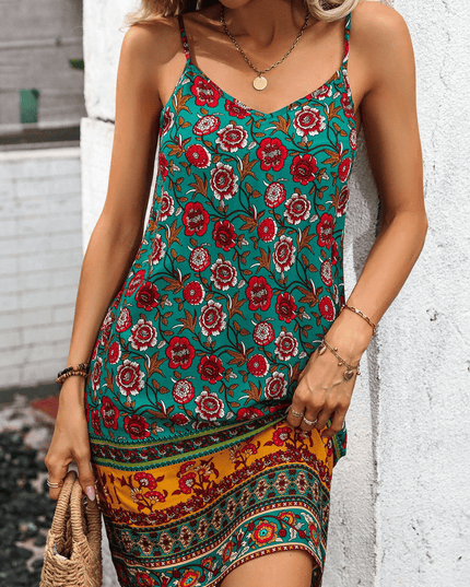 Printed Spaghetti Strap V-Neck Dress