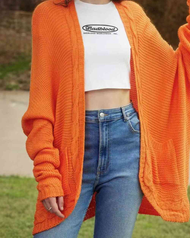 Cable-Knit Open Front Cardigan with Pockets