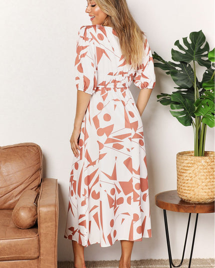 Double Take Printed Surplice Balloon Sleeve Dress