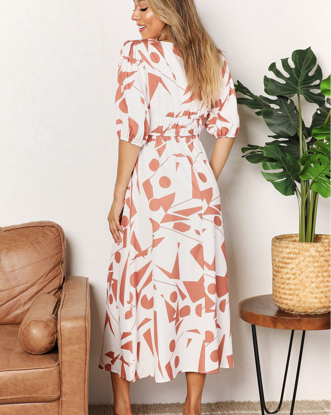 Double Take Printed Surplice Balloon Sleeve Dress