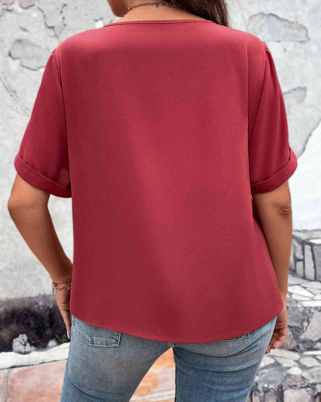 Plus Size V-Neck Short Sleeve Blouse with Zipper