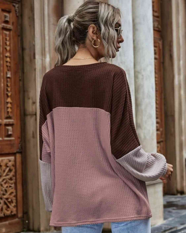 Color Block Waffle-Knit Long Sleeve Top