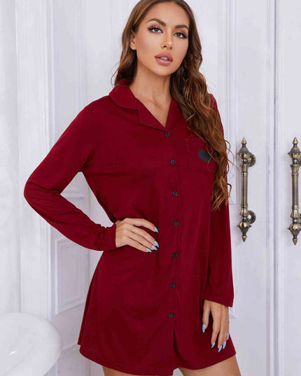Heart Graphic Lapel Collar Long Sleeve Night Dress