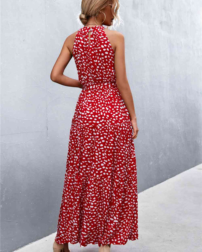 Printed Sleeveless Tie Waist Maxi Dress