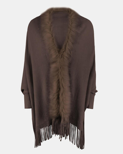 Fringe Open Front Long Sleeve Poncho