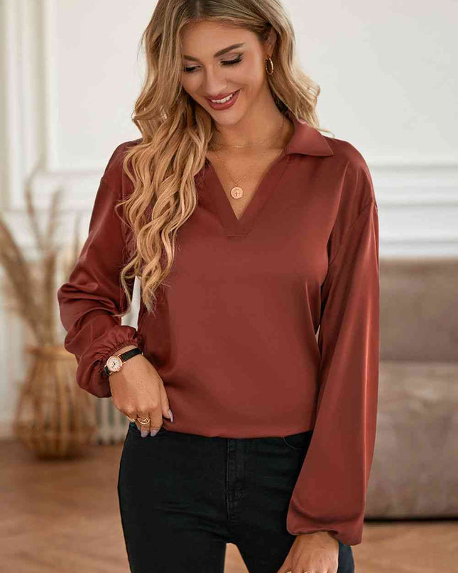 Johnny Collar Lantern Sleeve Blouse