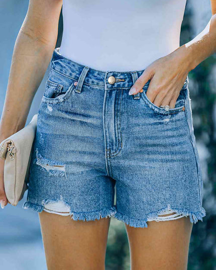 Distressed Raw Hem Denim Shorts with Pockets