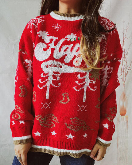 HAPPY Round Neck Long Sleeve Sweater
