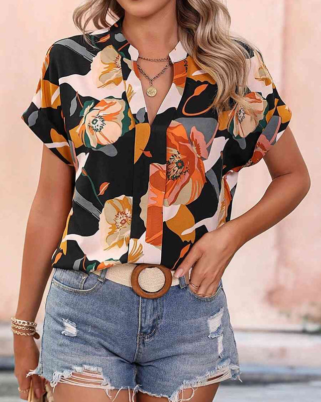 Printed Notched Neck Short Sleeve Blouse