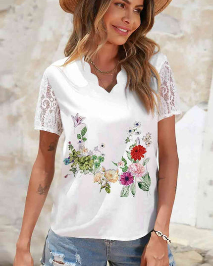 Floral Graphic Scalloped V-Neck Top
