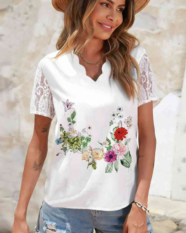 Floral Graphic Scalloped V-Neck Top