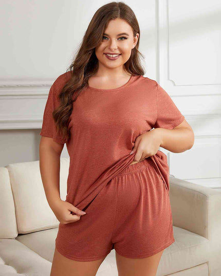 Plus Size Round Neck Short Sleeve Two-Piece Loungewear Set