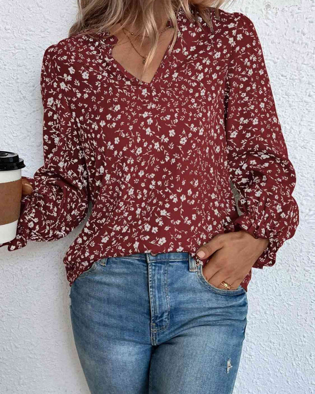 Notched Neck Flounce Sleeve Blouse