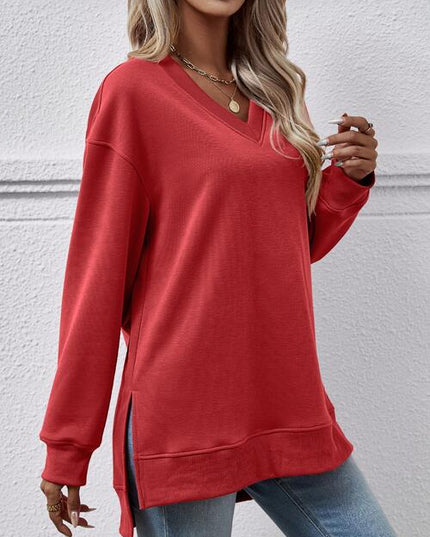 V-Neck Slit Long Sleeve Sweatshirt