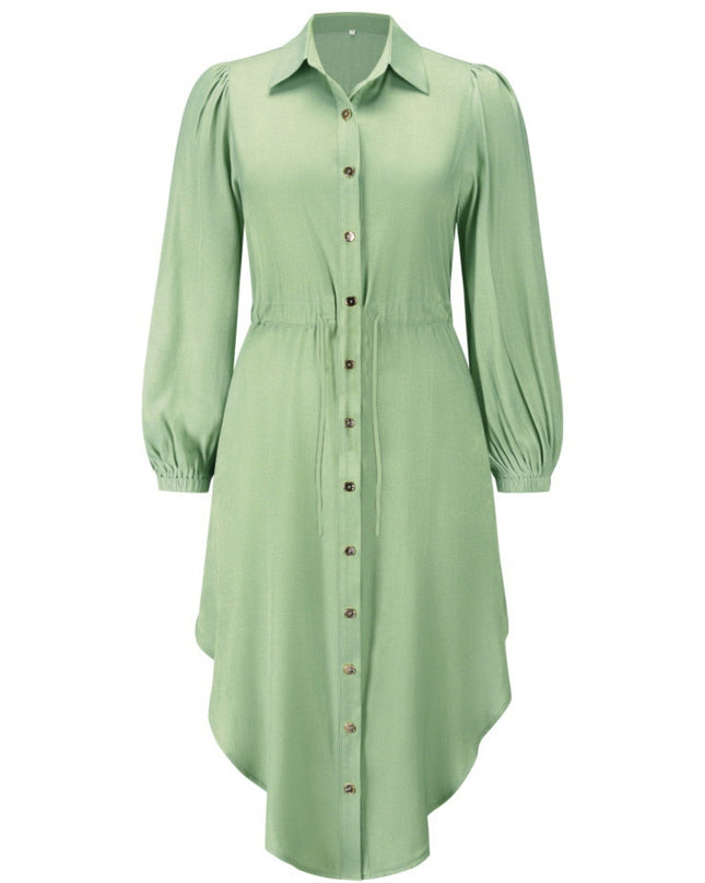 Drawstring Button Up Balloon Sleeve Dress