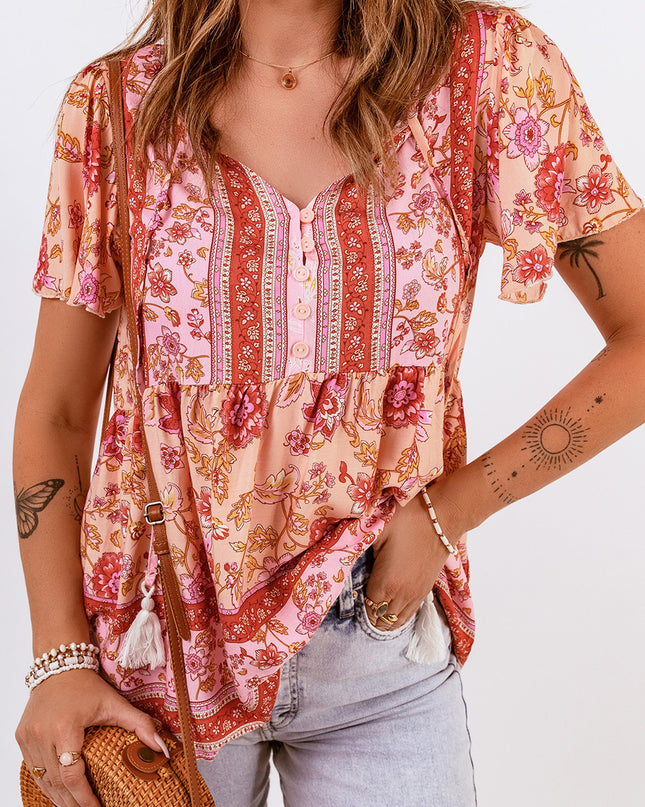 Bohemian Buttoned Short Puff Sleeve Blouse