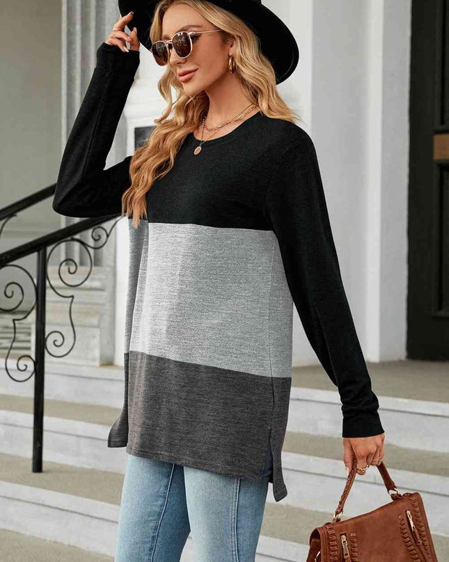 Color Block Round Neck Long Sleeve Slit T-Shirt