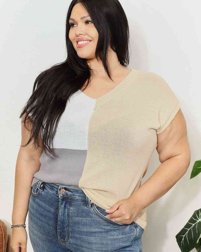 Double Take Color Block V-Neck Knit Top