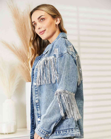 Fringe Detail Long Sleeve Denim Jacket