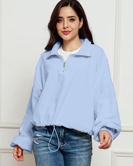 Half-Zip Collared Drop Shoulder Fleece Sweatshirt