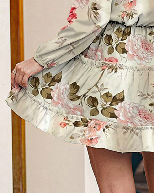 Printed Tie Neck Long Sleeve Dress