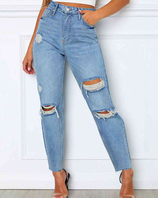Distressed High Waist Straight Jeans