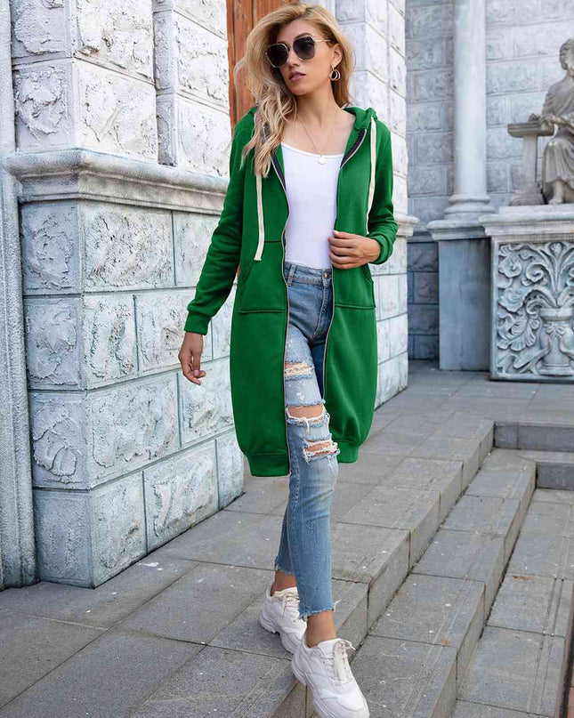 Zip-Up Longline Hoodie with Pockets