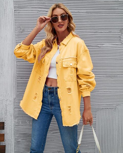 Distressed Raw Hem Denim Jacket
