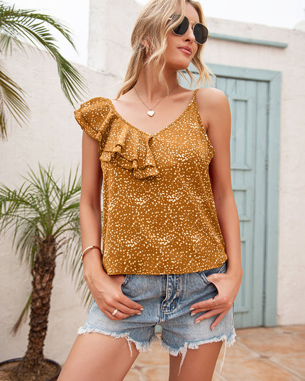 Polka Dot Ruffle Trim Asymmetrical Tank Top