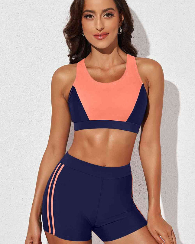 Printed Scoop Neck Back Crisscross Swim Set