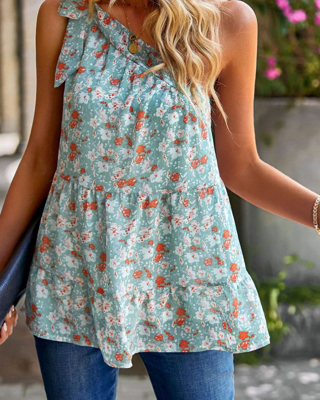 Printed One-Shoulder Tiered Top