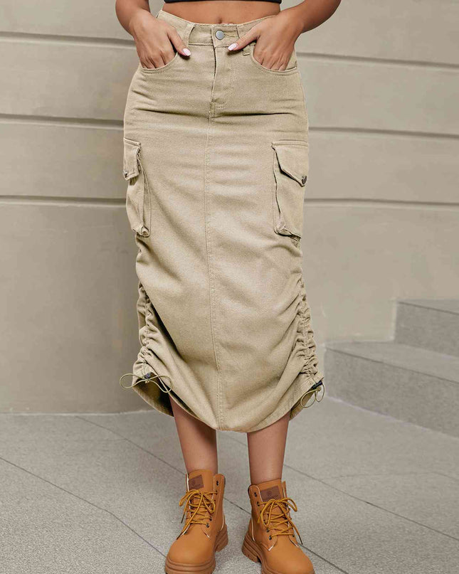 Drawstring Ruched Slit Denim Midi Skirt