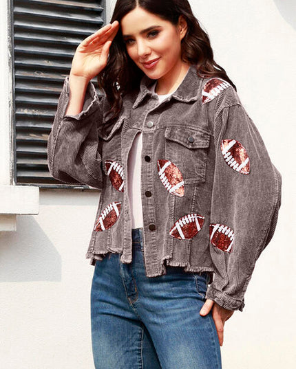 Football Sequin Raw Hem Collared Neck Jacket